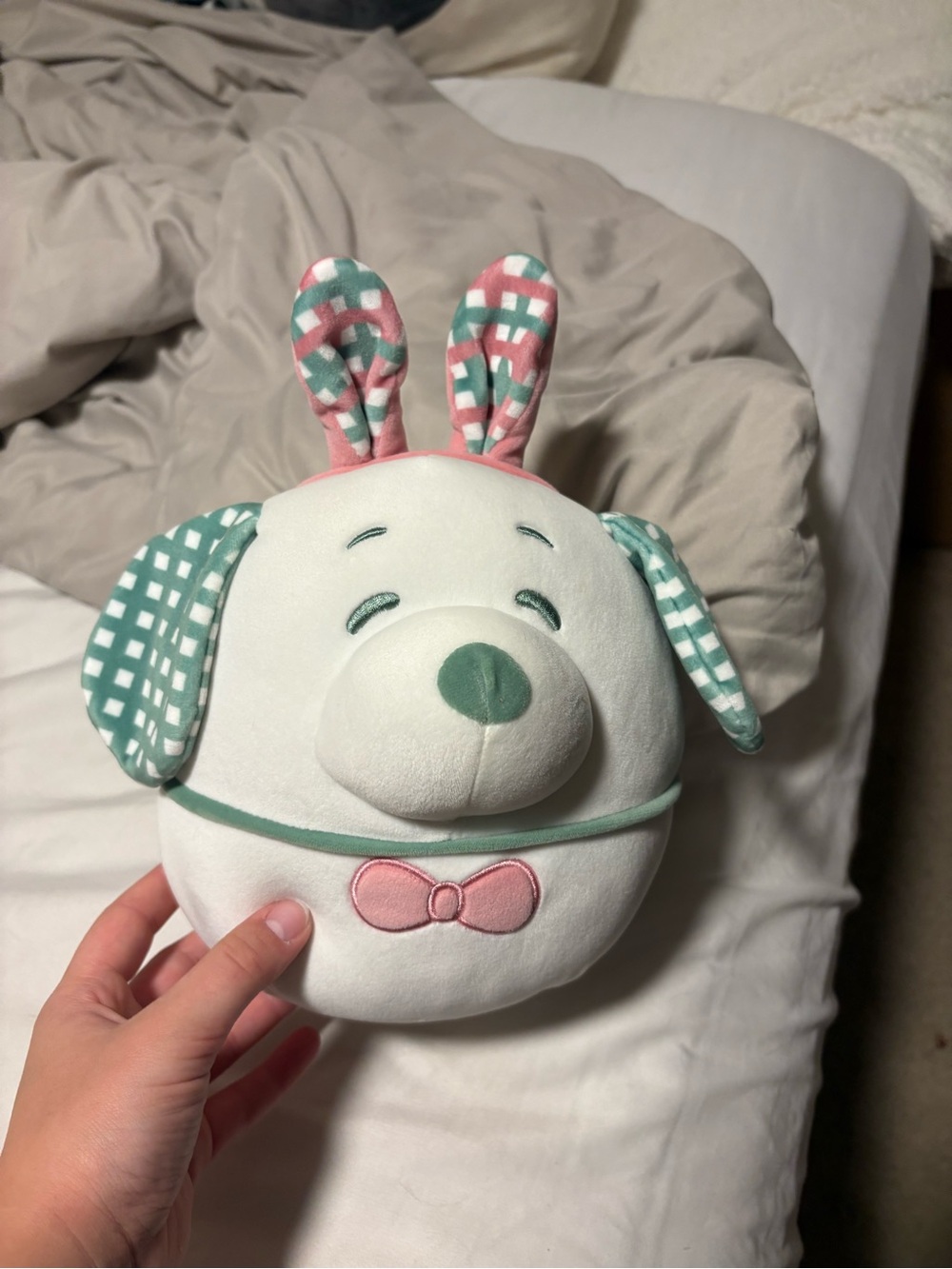Squishmallows Easter Snoopy Plush with Pink Bow and Green Accents